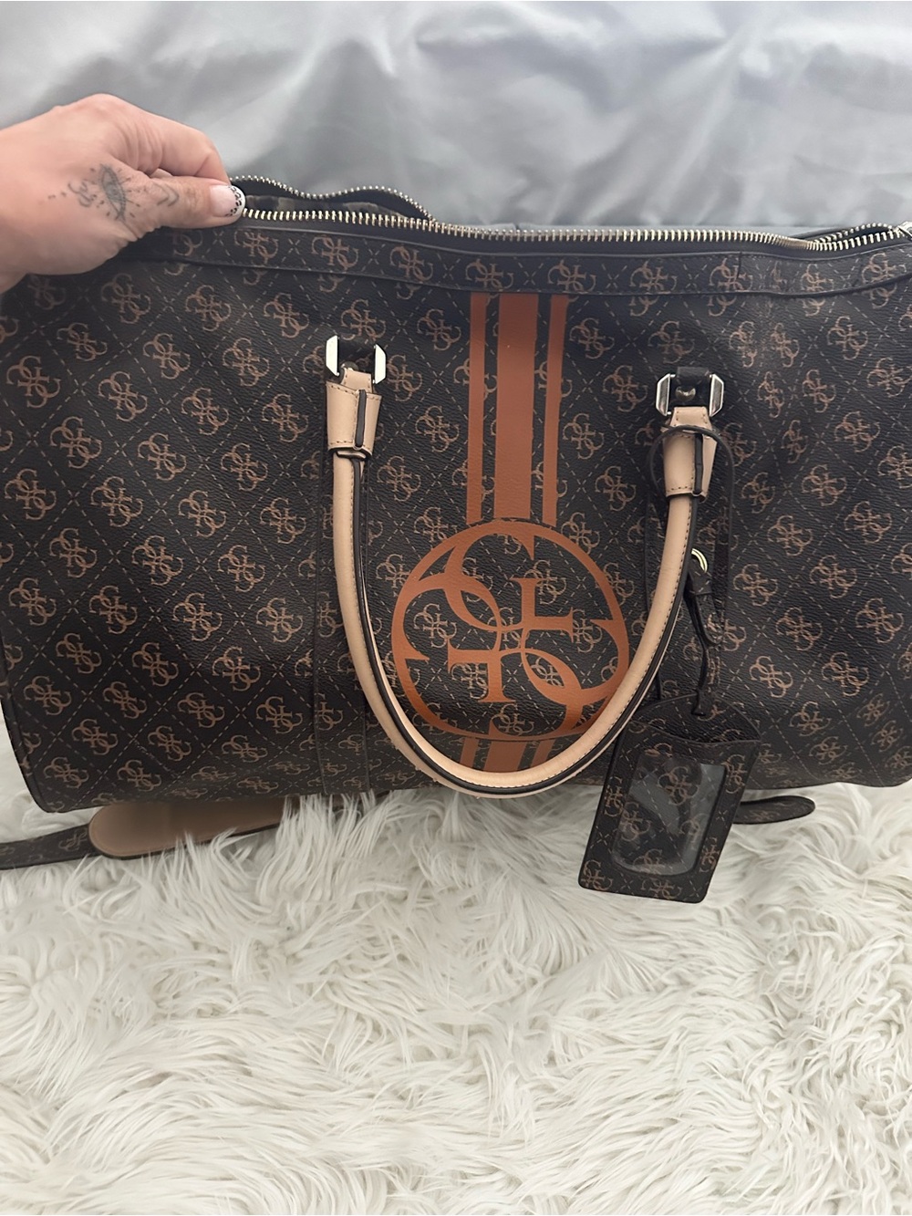 Guess Brown Monogram Satchel with Tan Handles and Orange Stripe